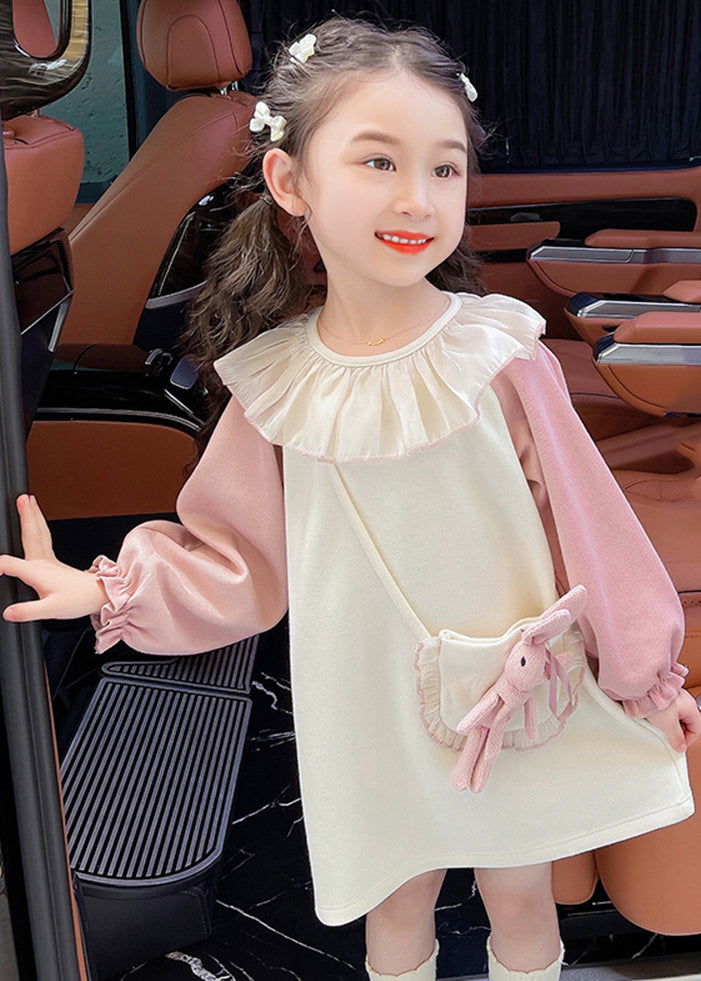 Casual Beige O-Neck Tulle Patchwork Kids Mid Dress Fall SS1059