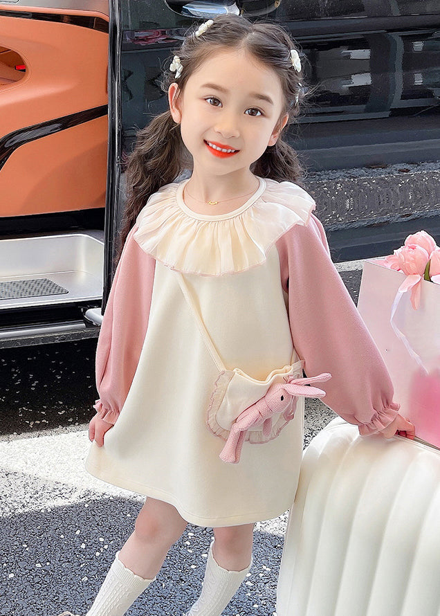 Casual Beige O-Neck Tulle Patchwork Kids Mid Dress Fall SS1059