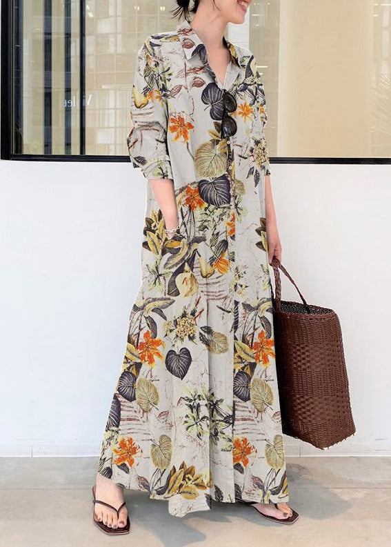 Ankle Cotton Spring Dress Casual Beige Shirt Print Oversized