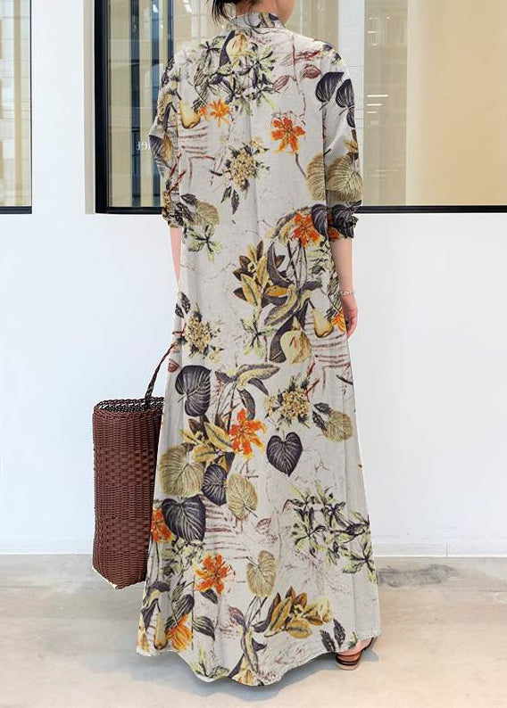 Ankle Cotton Spring Dress Casual Beige Shirt Print Oversized