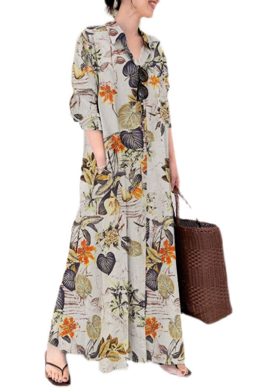 Ankle Cotton Spring Dress Casual Beige Shirt Print Oversized