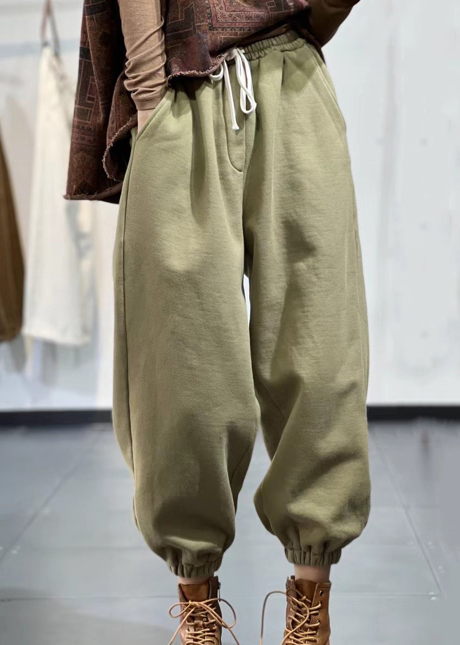 Casual Beige Pockets Elastic Waist Warm Fleece Sport Pants Fall RU014