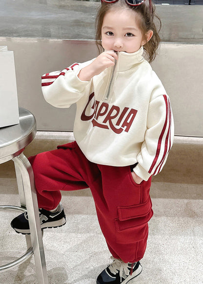 Casual Beige Stand Collar Zippered Warm Fleece Girls Top And Pants Two Piece Set Winter TR028