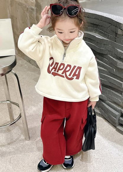 Casual Beige Stand Collar Zippered Warm Fleece Girls Top And Pants Two Piece Set Winter TR028