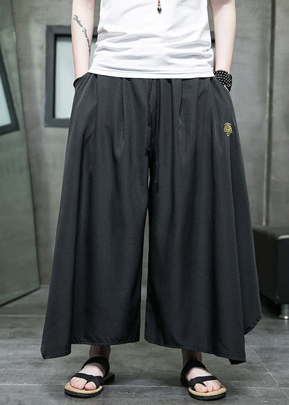 Casual Black Asymmetrical Pockets Ice Silk Mens Wide Leg Pants Summer SA046