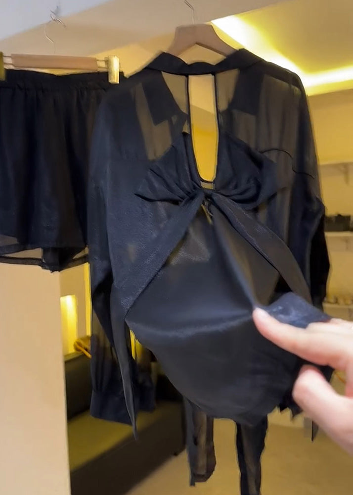 Summer Backless Sheer Blouses Chiffon Casual Black Bow