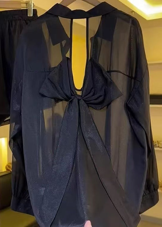 Summer Backless Sheer Blouses Chiffon Casual Black Bow