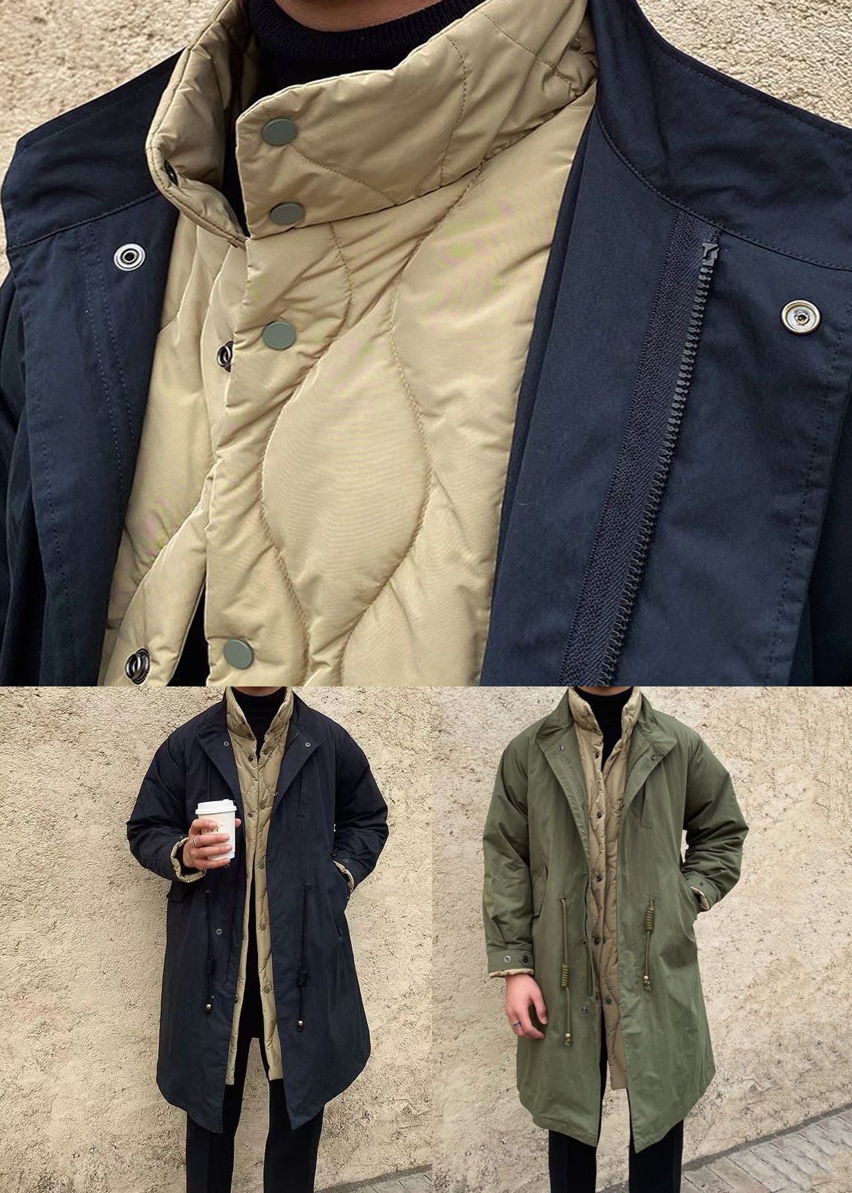 Casual Black Button Drawstring Patchwork Men Parka Winter RJ009