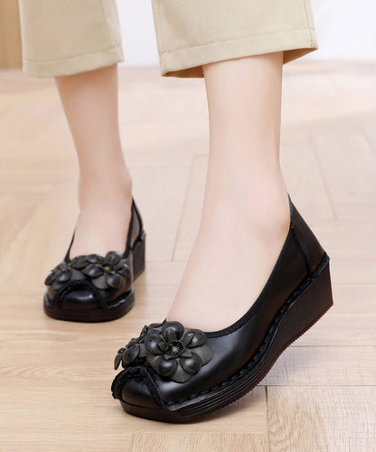 Casual Black Flower Splicing Platform High Wedge Heels Shoes DF1002