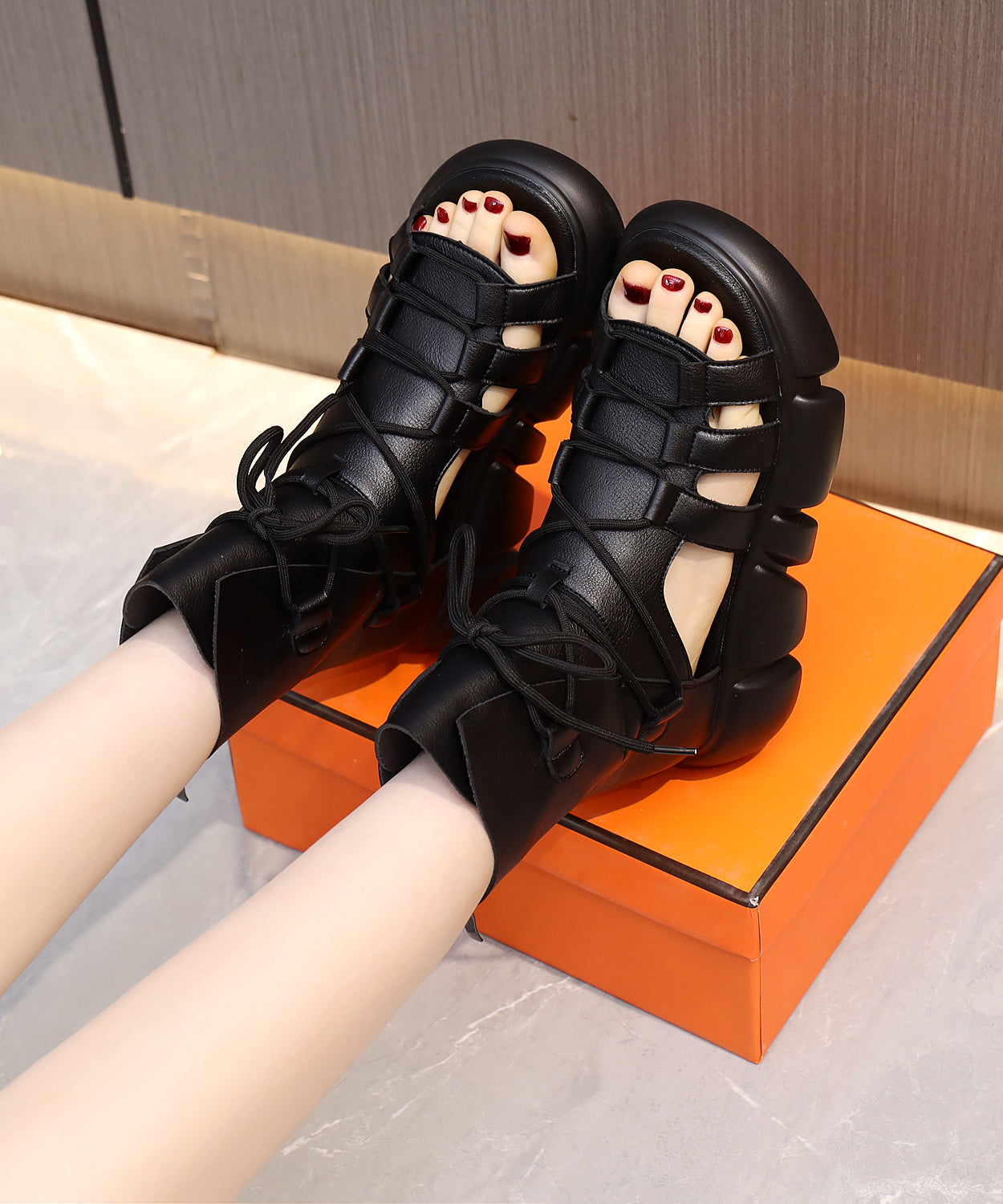 Casual Black Hollow Out Peep Toe Lace Up Platform Sandals RT1007