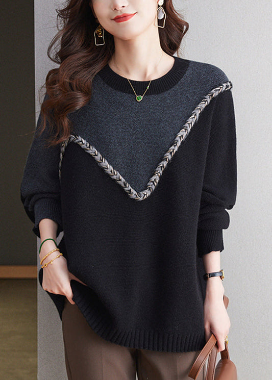 Casual Black O Neck Patchwork Woolen Knit Sweaters Spring TQ025