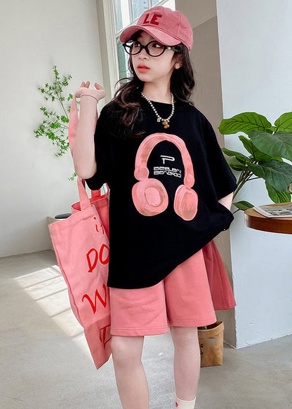 Casual Black O-Neck Print Kids Top And Shorts Two Pieces Set Summer YU1086