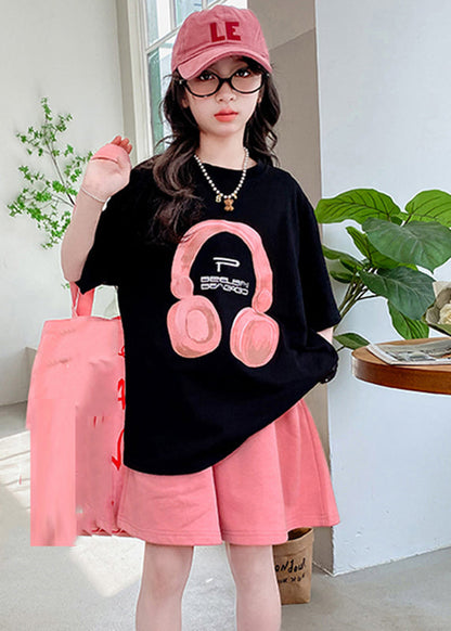 Casual Black O-Neck Print Kids Top And Shorts Two Pieces Set Summer YU1086