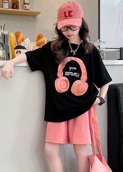 Casual Black O-Neck Print Kids Top And Shorts Two Pieces Set Summer YU1086