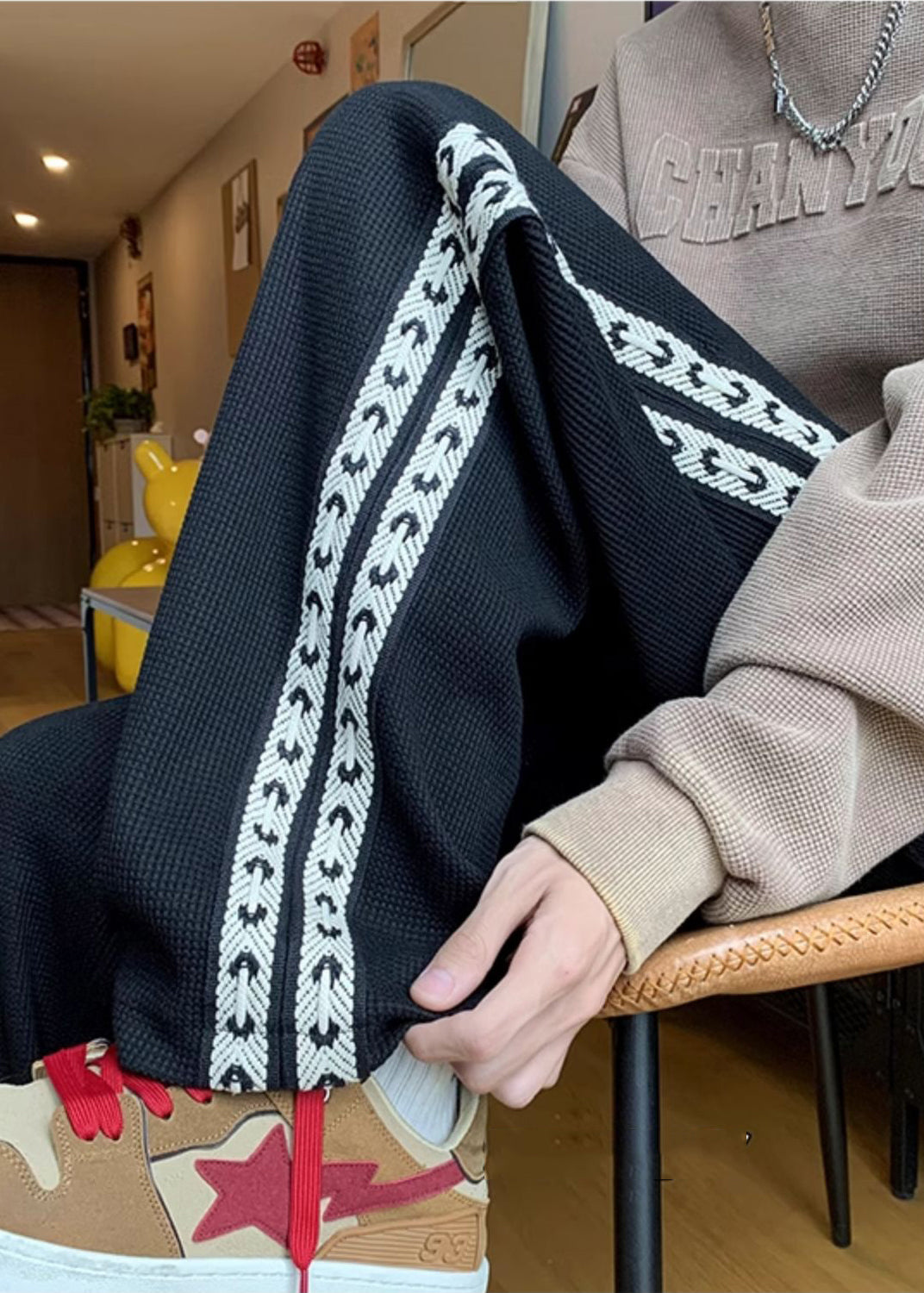 Männer Frühling Schwarze Hose Baumwolle Patchwork Casual