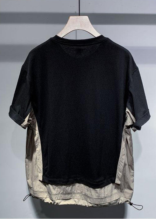 Patchwork T Cotton Black Casual Men Drawstring Oversized Shirt