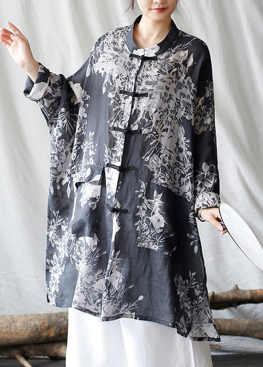 Cardigan décontracté surdimensionné en lin imprimé oriental noir, printemps TM008