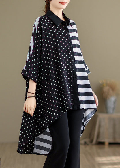 Casual Black Peter Pan Collar Low High Design Cotton Shirt Summer AP075