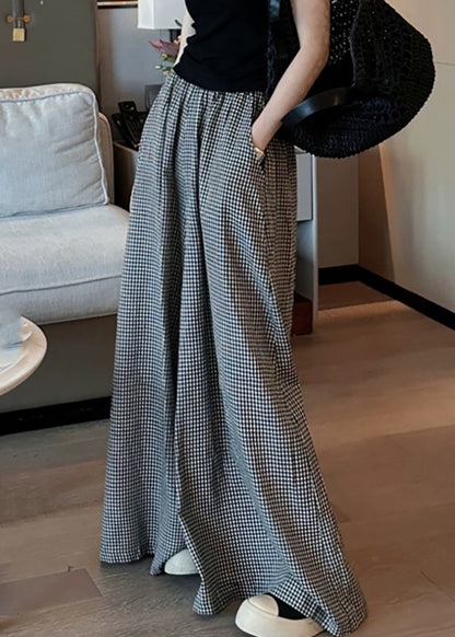 Casual Black Plaid Pockets Elastic Waist Wide Leg Pants VB1045