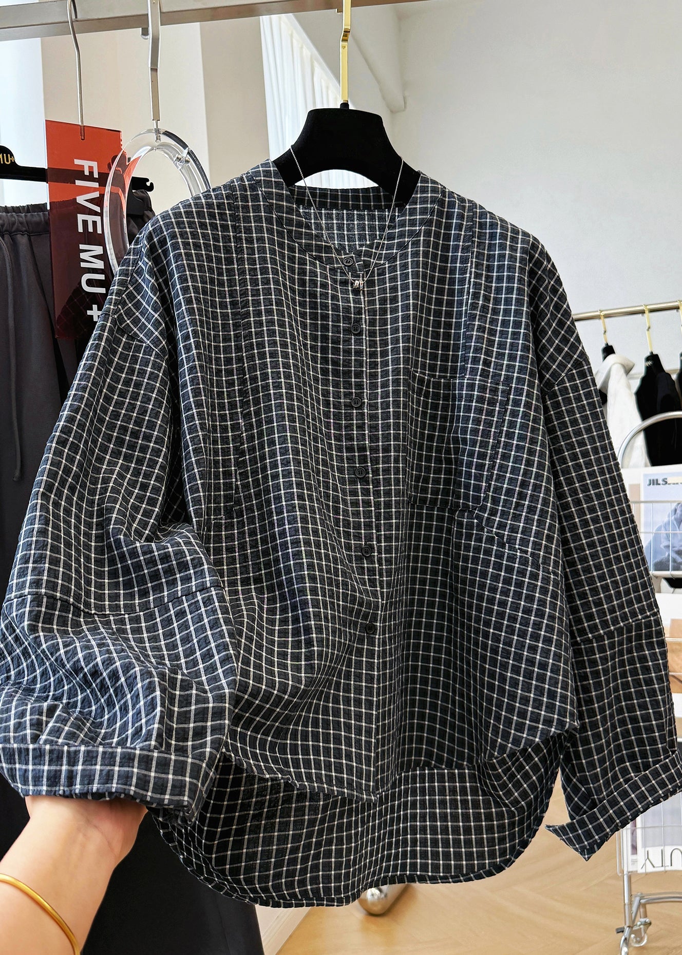 Shirt Plaid Fall Pockets Cotton Collar Top Casual Stand Black