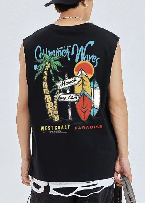 T-shirt confortable en coton noir à imprimé graphique pour homme, décontracté et sans manches