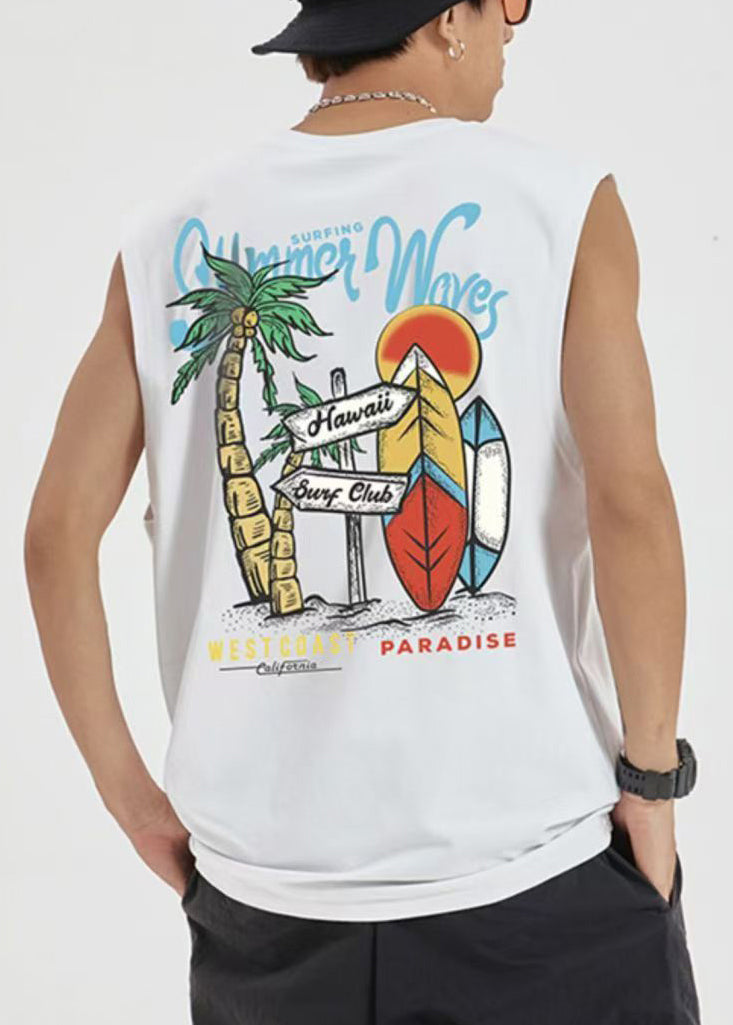 T-shirt confortable en coton noir à imprimé graphique pour homme, décontracté et sans manches