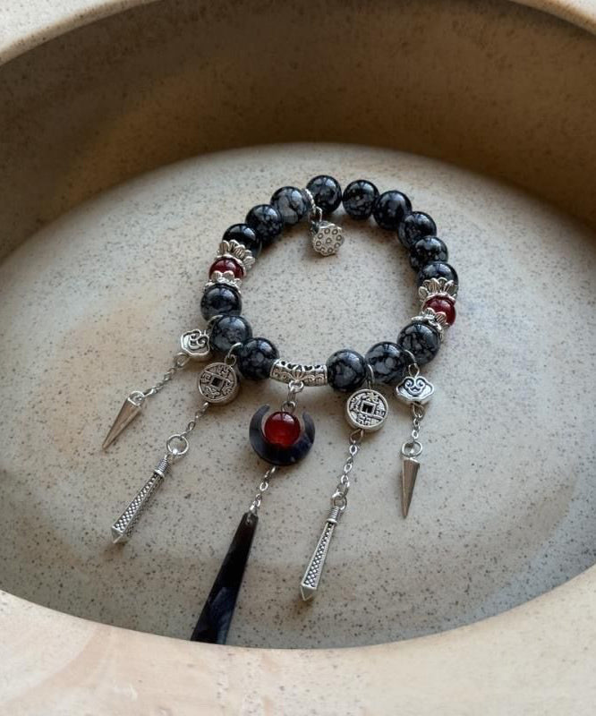 Bracelet Silver Tassel Sterling Agate Charm Black Casual