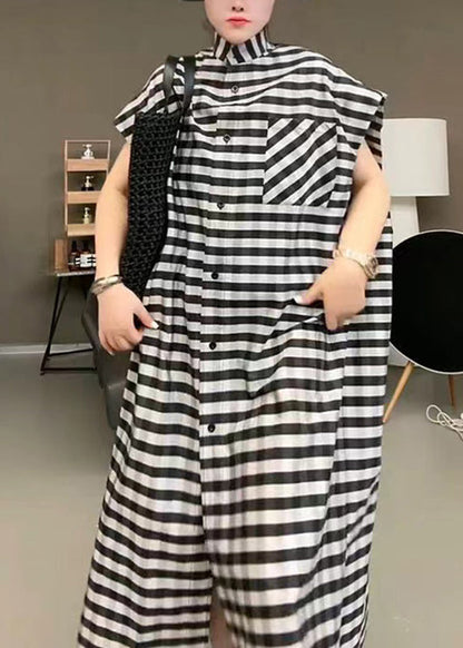 Casual Black Striped Stand Collar Button Maxi Dress Short Sleeve TR017