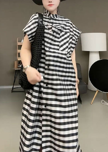 Casual Black Striped Stand Collar Button Maxi Dress Short Sleeve TR017