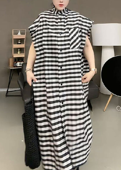 Casual Black Striped Stand Collar Button Maxi Dress Short Sleeve TR017