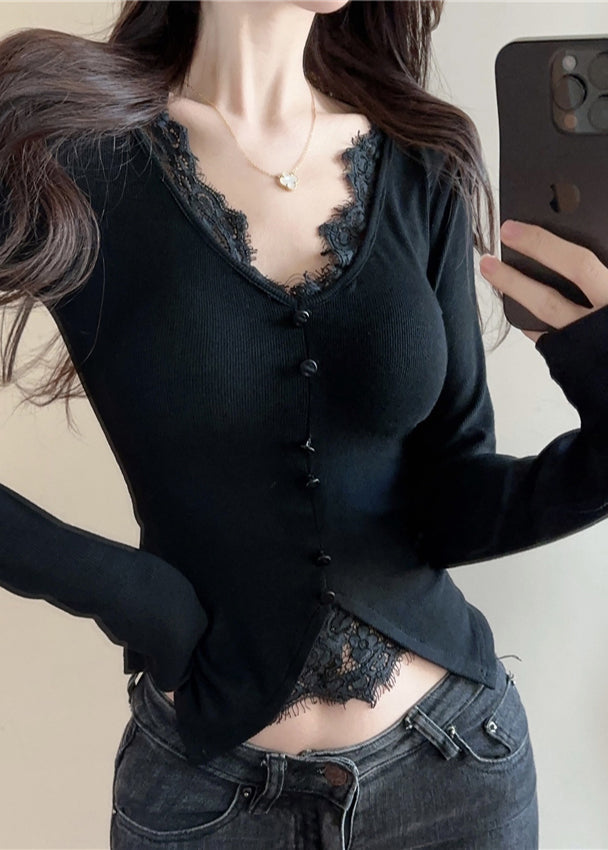 Casual Black V Neck Patchwork Cotton Shirts Spring YP009