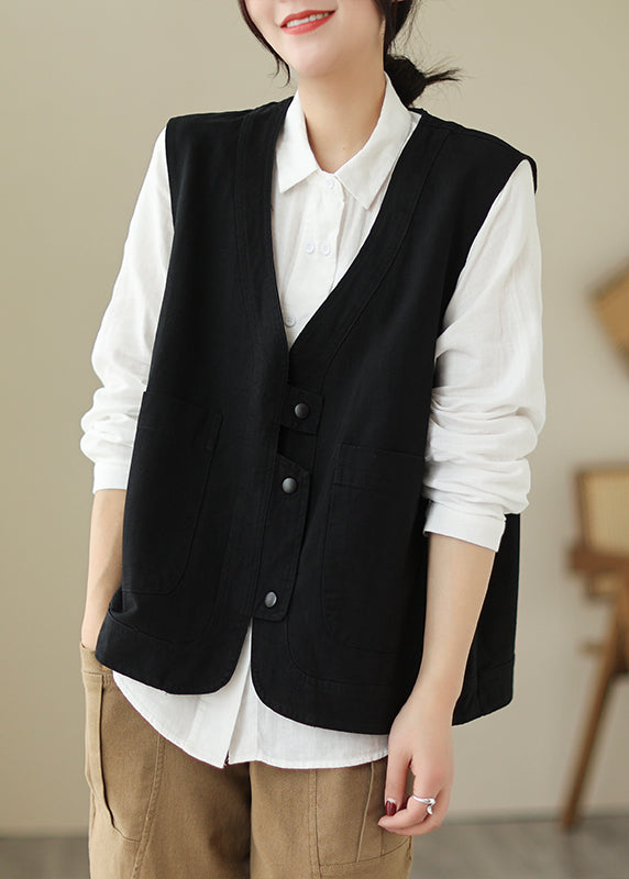 Casual Black V Neck Pockets Patchwork Cotton Vest Spring TI027