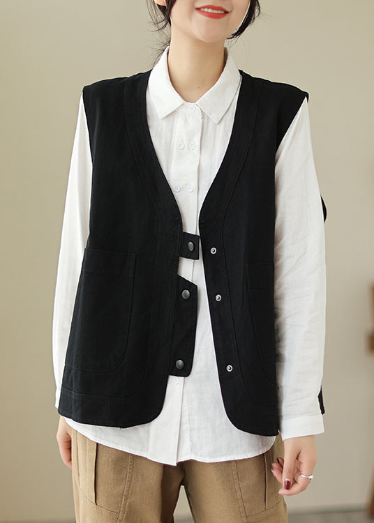 Casual Black V Neck Pockets Patchwork Cotton Vest Spring TI027