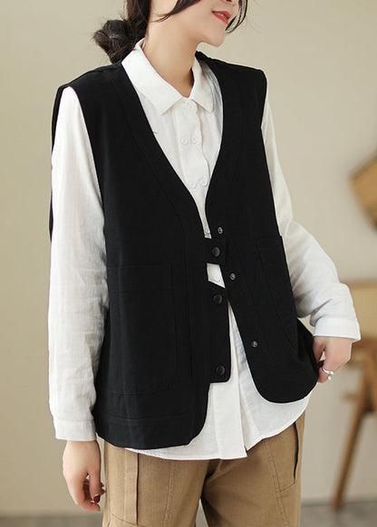 Casual Black V Neck Pockets Patchwork Cotton Vest Spring TI027