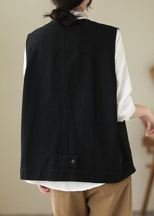 Casual Black V Neck Pockets Patchwork Cotton Vest Spring TI027