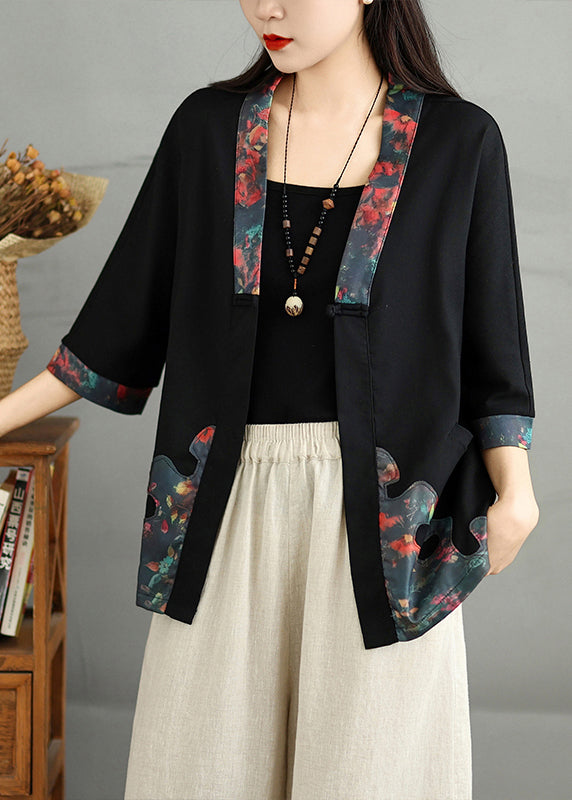 Cardigans Casual Cotton Neck V Button Fall Black Print