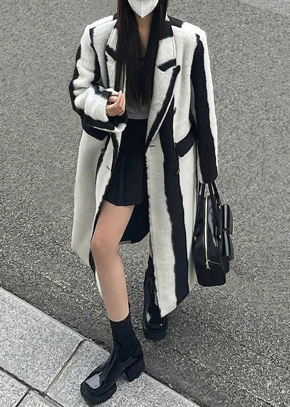 Casual Black White Striped Notched Button Woolen Maxi Coats Winter RP001