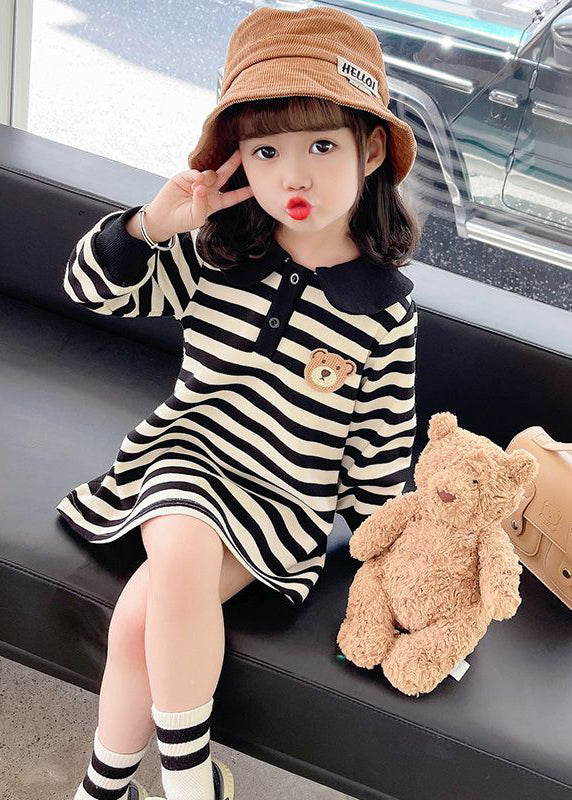 Casual Black White Striped Peter Pan Collar Print Kids Mid Dress Fall SS1051