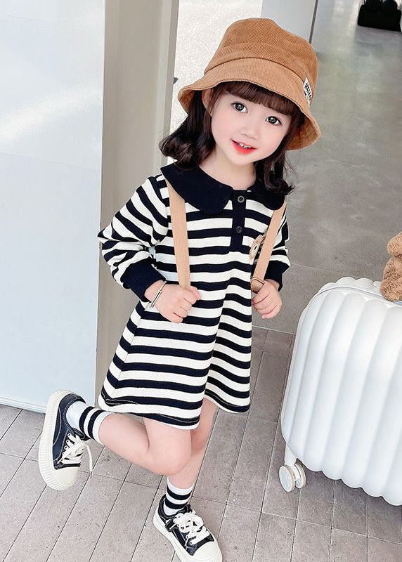 Casual Black White Striped Peter Pan Collar Print Kids Mid Dress Fall SS1051