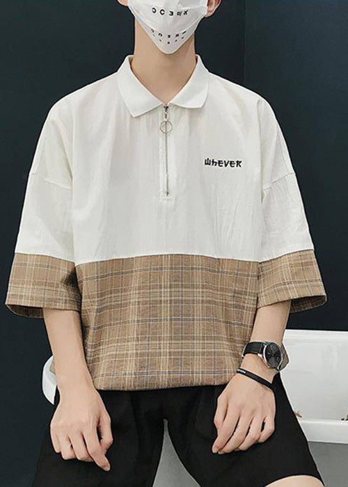 Casual Up Patchwork Black Apparel Men Shirts Zip Cotton Polo