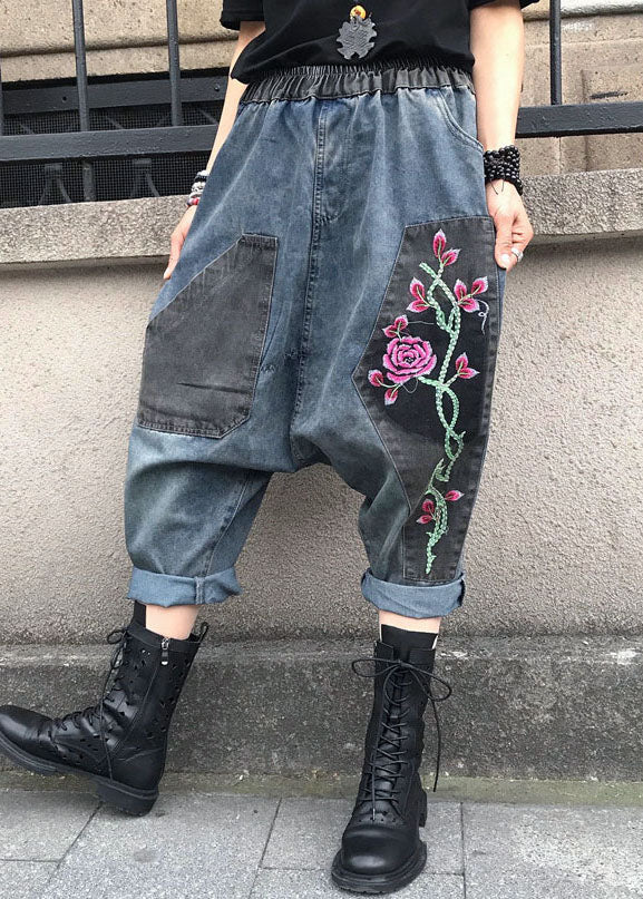 Casual Blue Embroidered Elastic Waist Denim Pants Summer FF061