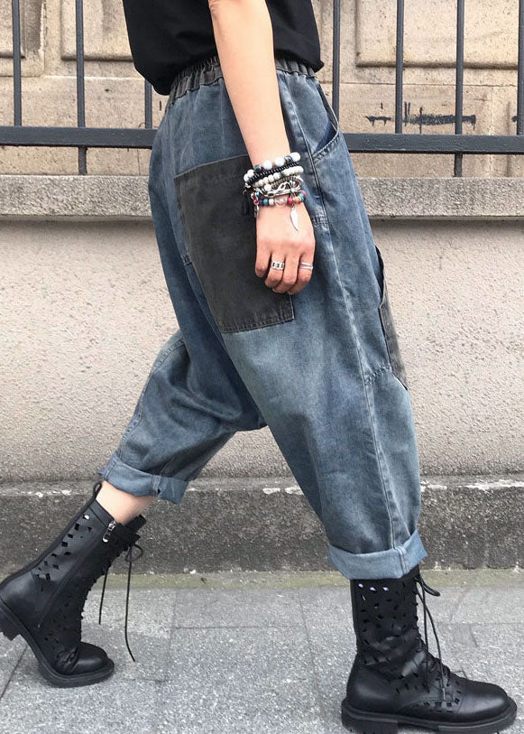 Casual Blue Embroidered Elastic Waist Denim Pants Summer FF061