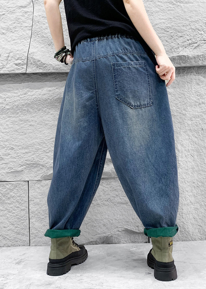 Lässige blaue fünfzackige Stern-Patch-Jeans mit elastischer Taille, Harlan-Hose, Frühling, QQ1007