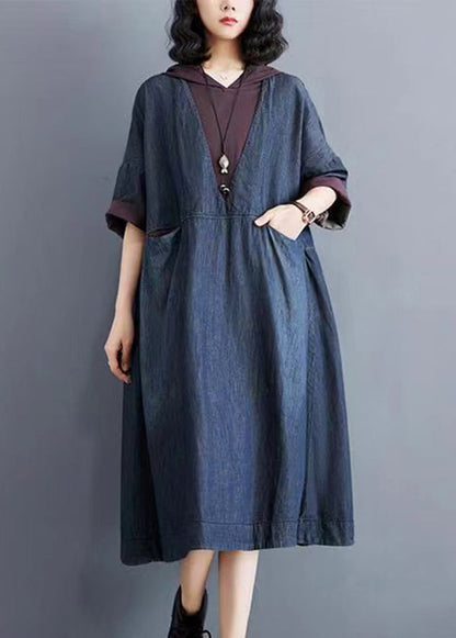 Casual Blue Hooded Patchwork Thin Denim Dress Summer AP078