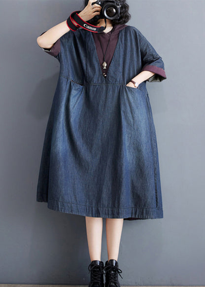 Casual Blue Hooded Patchwork Thin Denim Dress Summer AP078