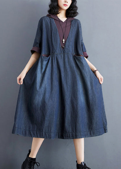 Casual Blue Hooded Patchwork Thin Denim Dress Summer AP078