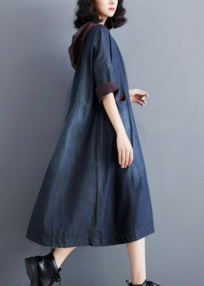 Casual Blue Hooded Patchwork Thin Denim Dress Summer AP078