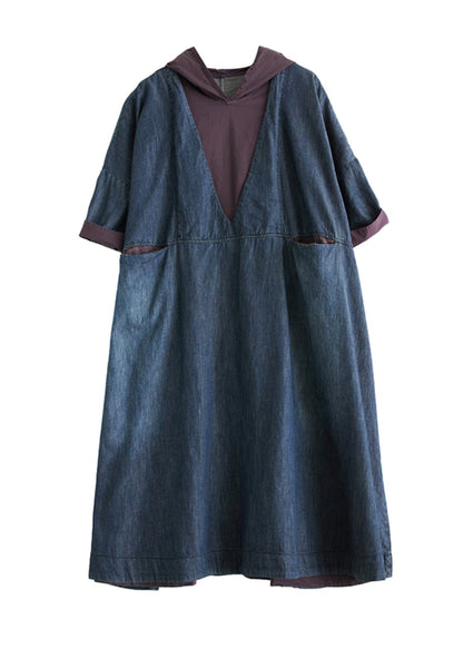 Casual Blue Hooded Patchwork Thin Denim Dress Summer AP078