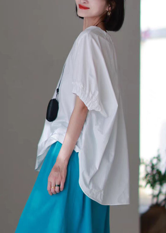 Neck O Side Shirts T Blue Casual High Low Design Open Cotton