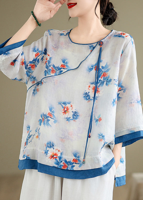 Casual Blue O-Neck Print Patchwork Shirt Long Sleeve UU043